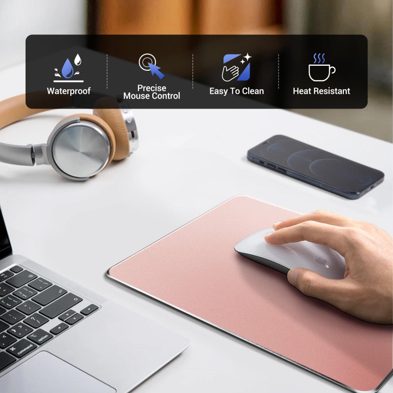 HONKID Metal Aluminum Mouse Pad Pink, Office and Gaming Thin Hard Mouse Mat Double Sided Waterproof Fast and Accurate Control Mousepad for Laptop, Computer and PC,9.06"x7.08",Rose Gold - Image 2